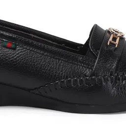 novisaint Women Black Slip-On Loafers with Metal Buckle Synthetic Leather & Low Wedge Heel Bellies For Women image 3
