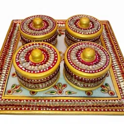 DuneVista Royal Minakari Dryfruits Marble Tray Set | 4 Containers | Tray, Container Serving Set-picture-25