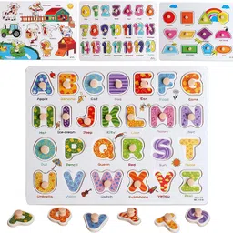 Wooden Peg Puzzles Set for Toddlers 2 3 4 Years Old, Alphabet ABC, Numbers, Shape and Animals Learning Puzzles Board for Kids, Preschool Educational Activity Toys-image-7