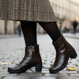 Step4U Women Brown Ankle Boots with Side Zip & Metal Buckle | Stylish Heel Boot Boots For Women image 1