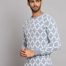 ewools Men Geometric Print Round Neck Blue, White Sweater image 3
