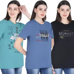shaun Pack of 3 Women Self Design Round Neck Polyester Multicolor T-Shirt-picture-36