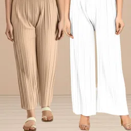 shopsolution Pack of 2 Women Relaxed Beige, White Crepe Trousers-picture-10