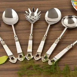mfu-made for you Designer Serving Spoon Set Golden & Silver Feather Antique Handle Design Brass Serving Spoon Set image 2