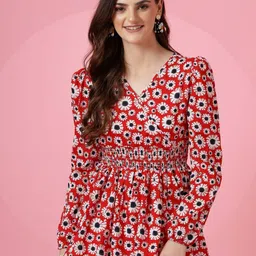 honky tonky Casual Puff Sleeves Floral Print Women Beige Top image 3