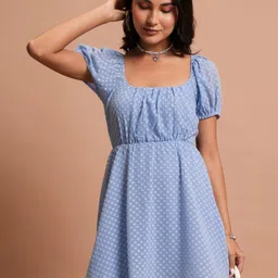 tokyo talkies Women Skater Light Blue Above Knee/Mid Thigh Length Dress-picture-46