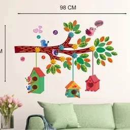 Heaven Decors Colorful Tree Branch with Birdcage and Cute Birds Sticker (Ideal Size on Wall: 98 cm x 74 cm),Multicolour image 4