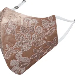Anti-Pollution, Anti-Bacterial (BFE>99%) 4 Layer Embroidered, Designer, Fashionable & Protective Satin Cloth Face Mask Combo for Women, Girls with Detachable Chain, Size Adjustable Ear Loops & Mask Bag Crystal_Beige_Large_01 Reusable, Washable Cloth Mask-image-87