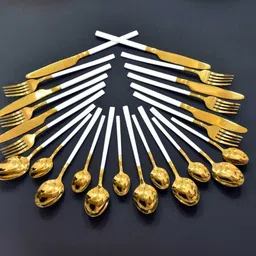 d-mark ®Luxury premium hotel restaurant kitchen Gold & white plated 304 grade Stainless Steel Cutlery Set image 2