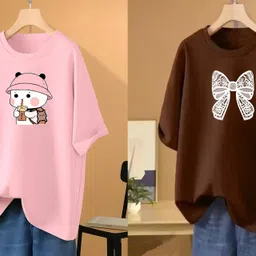 rapturous Pack of 2 Women Printed Round Neck Cotton Blend Pink, Brown T-Shirt-picture-30