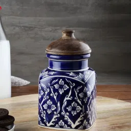 vareesha Hand Painted Blue Mughal Airtight Ceramic Jar with Wooden Lid - 1000 gms image 1