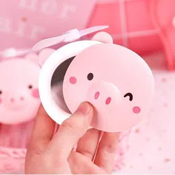 azacus Cartoon Cute Piggy Mini Cosmetic Mirror Compact Portable Pocket Makeup Mirrors Cooling Fan Light Handheld USB Rechargeable image 2