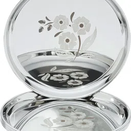 quickkitchen Floral Design Stainless Steel Plates Set | 11 Inch Mirror Finish Thali Dinner Plate-picture-23