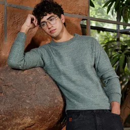 campus sutra Men Self Design Round Neck Green Sweater-picture-23