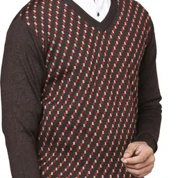 raymond Men Self Design V Neck Brown Sweater image 2