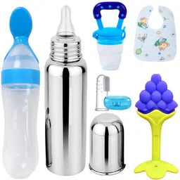 drisona Combo of 6, Spoon Bottle 90ML,Steel Bottle 240ML,Baby Finger Brush, Baby bibs, Teether and Feeder-picture-29