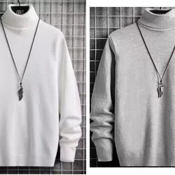 meetri Men Self Design High Neck White, Grey Sweater-picture-20