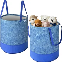 heart home Cotton Pack of 2 Wavy Pattern Foldable 45L Toys Organizer for Kids Room | Blue Storage Basket-picture-27