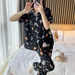 lugo Women Night Suit Set Black Printed image 2