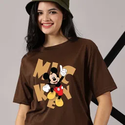 disney by dreambe Women Printed Round Neck Cotton Blend Brown T-Shirt image 4