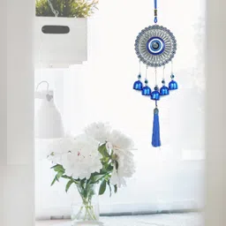 Pseudo Evil Eye Wall Hanging With 5 Bells For Main Door Balcony Aluminium chimes Brass Windchime-picture-10