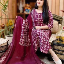 om enterprise Women Cotton Rayon Kurti Pant Attached Dupatta Set-picture-42