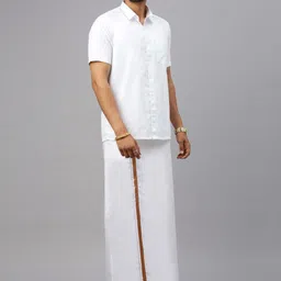 Ramraj Cotton Double Layer Adjustable Velcro Pocket White 3/4 inch Copper Jari Border Solid Men Dhoti image 3