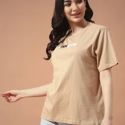 the dry state Women Printed Round Neck Pure Cotton Beige T-Shirt image 5