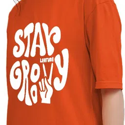 stay groovy Women Printed Round Neck Cotton Blend Orange T-Shirt image 2