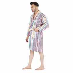 Multicolor Striped 100% Cotton Men Bathrobe With Slippers (M) By Rangoli image 2