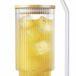 shipplier Glossy Ribbed Glass Cup with Lid & Straw – Cold Smoothie Tumbler Glass Tumbler-picture-10