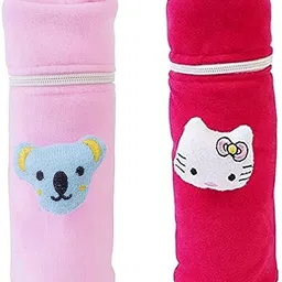 da anushi Soft Plush Stretchable Baby Feeding Bottle Cover Easy to Hold Strap and Zip|Suitable for 130 ML-250 ML Feeding Bottle-Dark Pink-Light Pink-picture-36