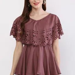 indaisy fashion Casual Flared Sleeves Laser Cut Women Brown Top-picture-11