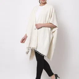 Arrabi Women Cream-Coloured Longline Tie-Up Cotton Shrug image 2