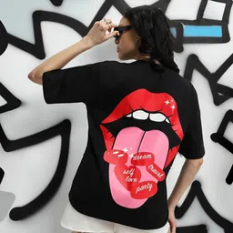 juneberry Oversized Women Printed Round Neck Pure Cotton Black T-Shirt-picture-26