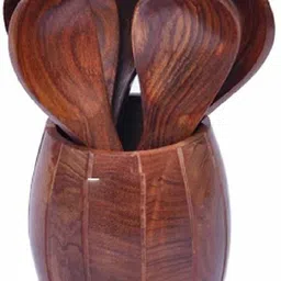 lyqart Wooden small Spoon with Holder | dessert spoon set | soup spoon |Cutlery Holder| Cutlery rack | Spoon holder | Spoon rack -Brown Wooden Cutlery Set-picture-20