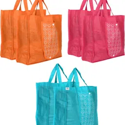 heart home Foldable Reusable Smiley Printed Shopping Bag with One Small Pocket (Set Of 6,Orange & Pink & Blue) Pack of 6 Grocery Bags image 1