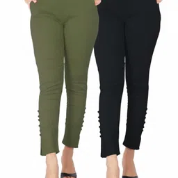 deepa Pack of 2 Women Skinny Fit Black, Light Green Cotton Blend Trousers-picture-19