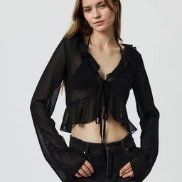 lexrex Casual Puff Sleeves Solid Women Black Top-picture-24