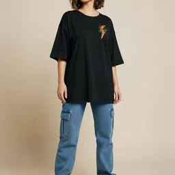 manlino Women Graphic Print Round Neck Cotton Blend Black T-Shirt image 4