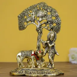 Golden Polyresin Lord Krishna playing Flute under Tree Idol By eCraftIndia-picture-36