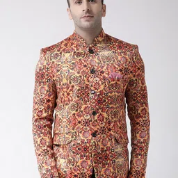 Hangup Men Yellow & Red Printed Bandhgala Blazers-picture-5
