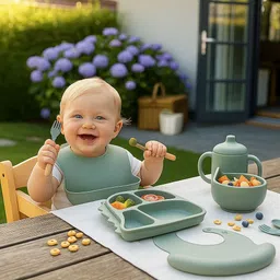 isupta Bone China 6-Piece Silicone Baby Feeding Set with Suction Base and Wooden Handles Dinner Set image 2