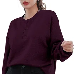 Women Solid Round Neck Reversible Wool Blend Purple T-Shirt-image-21