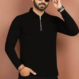 vintage crown Men Solid Polo Neck Cotton Blend Black T-Shirt-picture-13
