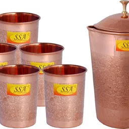shivshakti arts Designer Eatching, Embossed Design Pure Copper Jug Glasses Set | Drinkware Set- ( Capacity - 1.6 Liter ) - 7 Pieces Set Jug Glass Set image 1