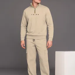 tripr Men Night Suit Set Beige Solid image 3