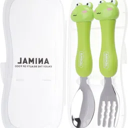 Kids Spoon Fork Set for Feeding Baby Toddlers Children with Travel Case Green Stainless Steel Cutlery Set-image-50