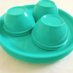 Turquoise Green Plastic Dinner Set- Pack of 6 Plates and 6 Bowl Set Sectioned Plate-image-3