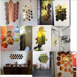bikri kendra 12 cm Hexagon 20 Golden Decorative Mirror Stickers 3D Acrylic Sticker Self Adhesive Sticker image 3